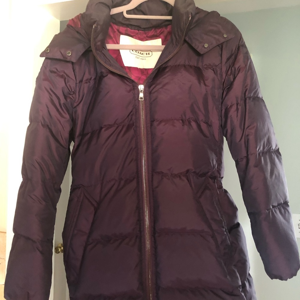 Coach size L (tag cut out) 3/4 puffer coat w detachable hood & belt deep purple